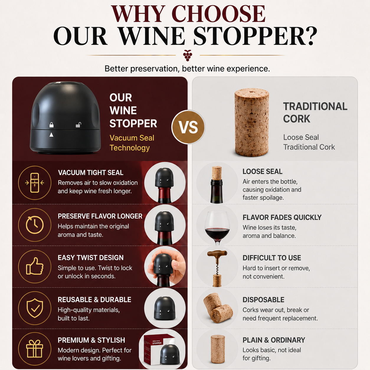 🍷 Premium Vacuum Wine Stopper – Keep Wine Fresh Longer with Airtight Seal