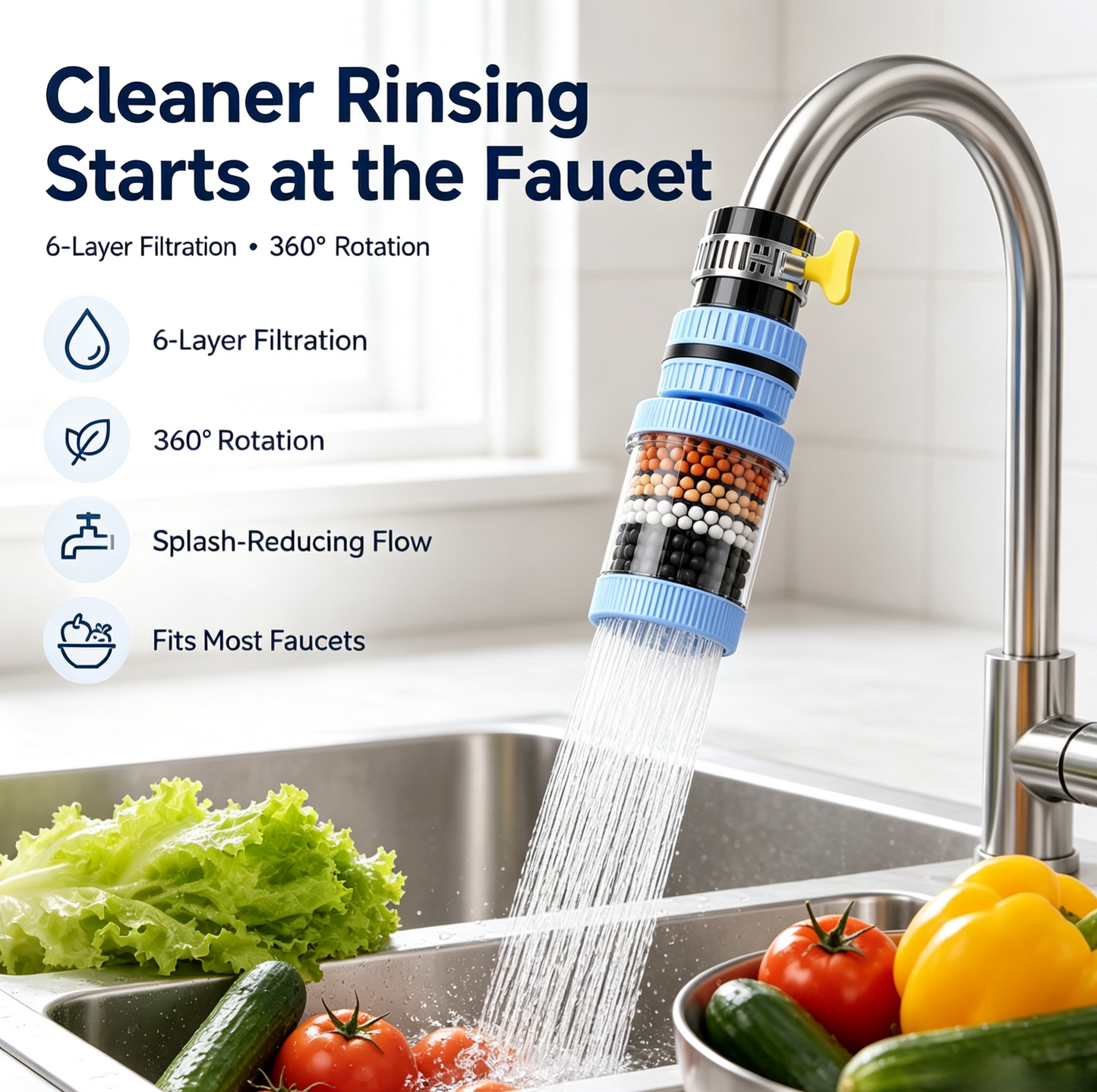 💧 Premium 6-Stage Faucet Water Filter with 360° Swivel – Splash-Free Rinsing for Fruits, Vegetables & Dishes, 1-Pack 🥬🍽️