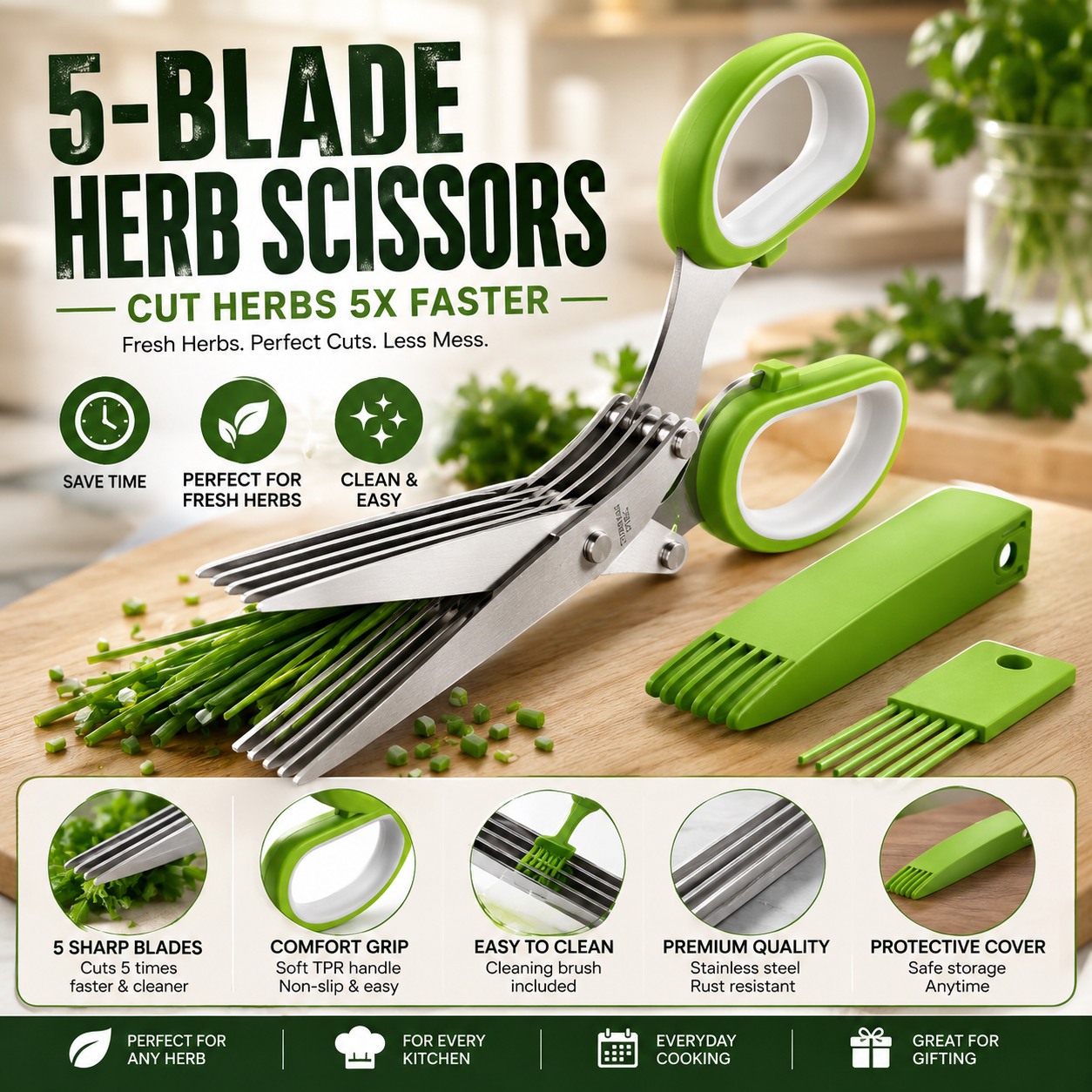 ✂️5-Blade Stainless Steel Herb Scissors with Cleaning Brush & Protective Cover